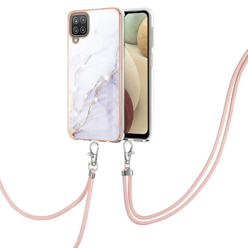 For Samsung Galaxy A12 Electroplating Marble Pattern IMD TPU Shockproof Case with Neck Lanyard(White 006)