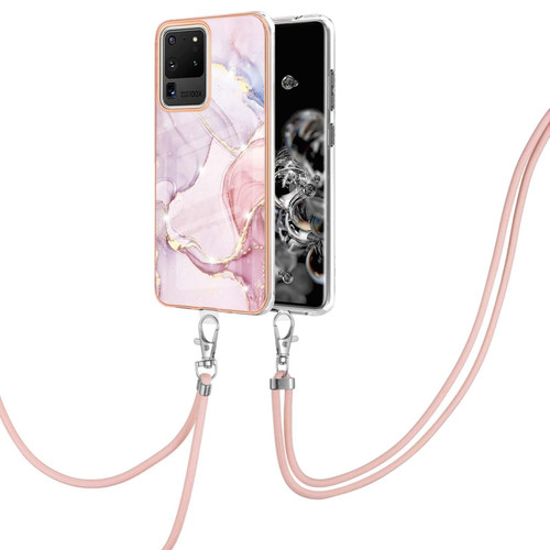 For Samsung Galaxy S20 Ultra Electroplating Marble Pattern IMD TPU Shockproof Case with Neck Lanyard(Rose Gold 005)