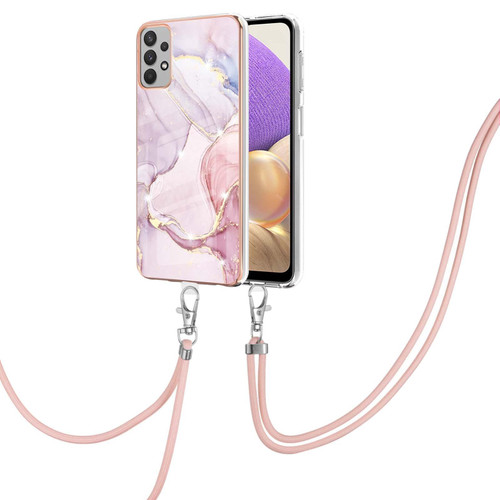 For Samsung Galaxy A32 5G Electroplating Marble Pattern IMD TPU Shockproof Case with Neck Lanyard(Rose Gold 005)