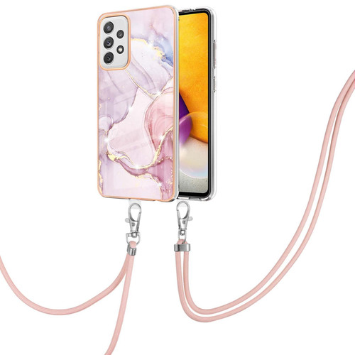 For Samsung Galaxy A72 5G / 4G Electroplating Marble Pattern IMD TPU Shockproof Case with Neck Lanyard(Rose Gold 005)