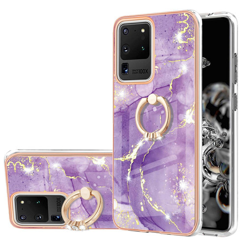 For Samsung Galaxy S20 Ultra Electroplating Marble Pattern IMD TPU Shockproof Case with Ring Holder(Purple 002)