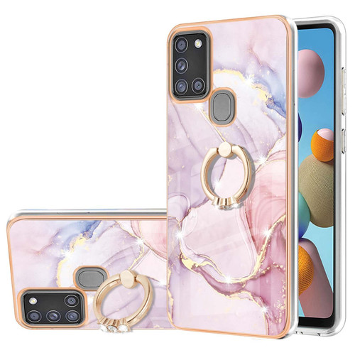 For Samsung Galaxy A21s Electroplating Marble Pattern IMD TPU Shockproof Case with Ring Holder(Rose Gold 005)