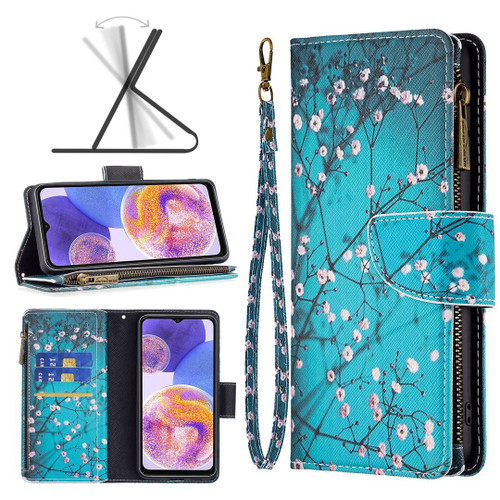 For Samsung Galaxy A23 5G Colored Drawing Pattern Zipper Leather Phone Case(Plum Blossom)