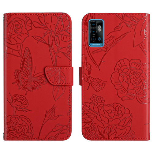 For ZTE Blade A71 Skin Feel Butterfly Peony Embossed Leather Phone Case(Red)