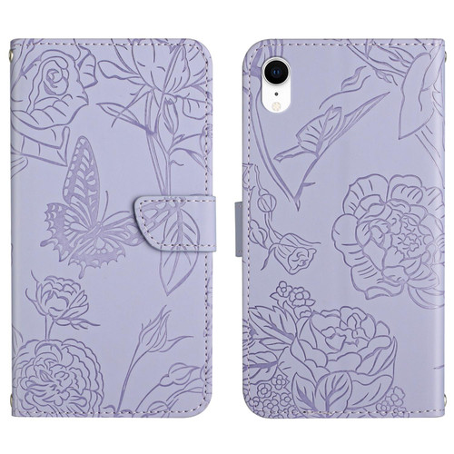 For iPhone XR Skin Feel Butterfly Peony Embossed Leather Phone Case(Purple)