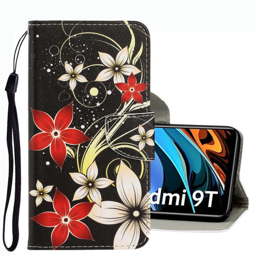 For Xiaomi Redmi 9T 3D Colored Drawing Leather Phone Case(Red Flower)