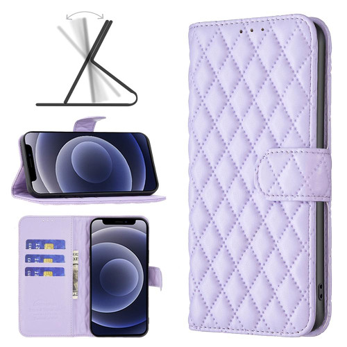 For iPhone 12 mini Diamond Lattice Wallet Leather Flip Phone Case (Purple)