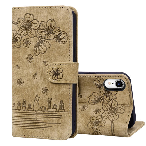 For iPhone XR Cartoon Sakura Cat Embossed Leather Case(Brown)