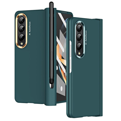 For Samsung Galaxy Z Fold4 Skin Feel Two-color Contact Lens Hinge Flip Phone Case with Pen Slot(Aoyama Dai)