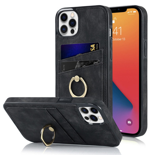 For iPhone 12 Pro Max Vintage Patch Leather Phone Case with Ring Holder(Black)