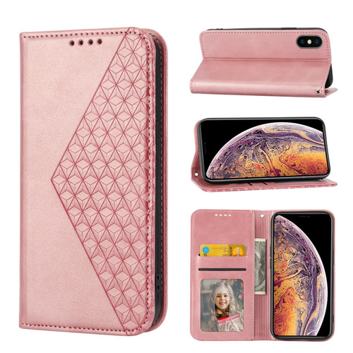 For iPhone X / XS Cubic Grid Calf Texture Magnetic Closure Leather Phone Case(Rose Gold)