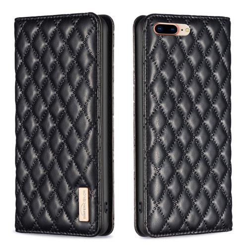 For iPhone 8 Plus / 7 Plus Diamond Lattice Magnetic Leather Flip Phone Case(Black)