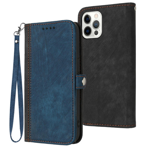 For iPhone 12 Pro Max Side Buckle Double Fold Hand Strap Leather Phone Case(Royal Blue)