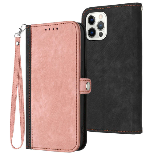 For iPhone 12 / 12 Pro Side Buckle Double Fold Hand Strap Leather Phone Case(Pink)