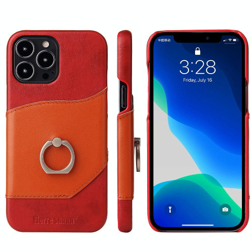 For iPhone 13 Pro Fierre Shann Oil Wax Texture Genuine Leather Back Cover Case with 360 Degree Rotation Holder & Card Slot (Red)