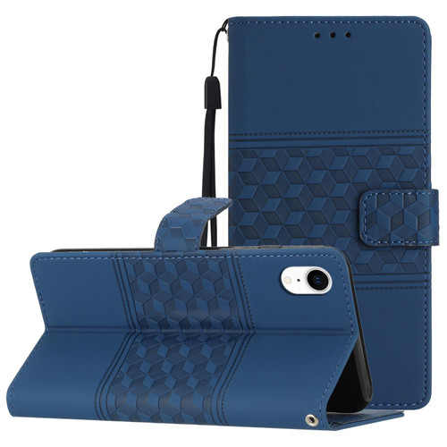 For iPhone XR Diamond Embossed Skin Feel Leather Phone Case with Lanyard(Dark Blue)