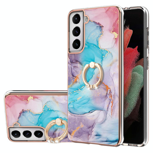 For Samsung Galaxy S21 5G Electroplating Pattern IMD TPU Shockproof Case with Rhinestone Ring Holder(Milky Way Blue Marble)