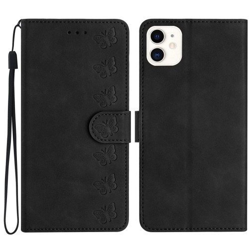 For iPhone 12 Seven Butterflies Embossed Leather Phone Case(Black)