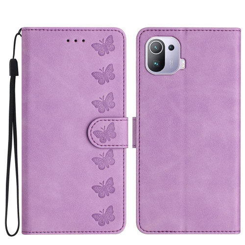 For Xiaomi Mi 11 Pro Seven Butterflies Embossed Leather Phone Case(Purple)