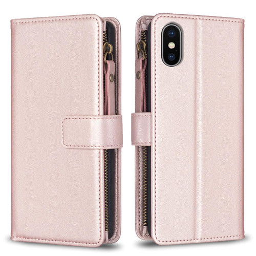 For iPhone XS Max 9 Card Slots Zipper Wallet Leather Flip Phone Case(Rose Gold)