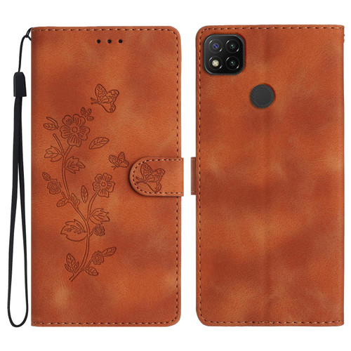 For Xiaomi Redmi 9C Flower Butterfly Embossing Pattern Leather Phone Case(Brown)