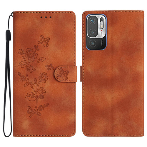 For Xiaomi Redmi Note 10 5G Flower Butterfly Embossing Pattern Leather Phone Case(Brown)
