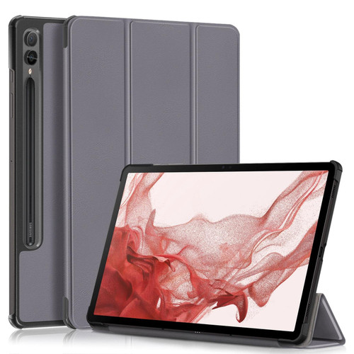 For Samsung Galaxy Tab S9+ Custer Pure Color 3-Fold Holder Smart Leather Tablet Case(Grey)