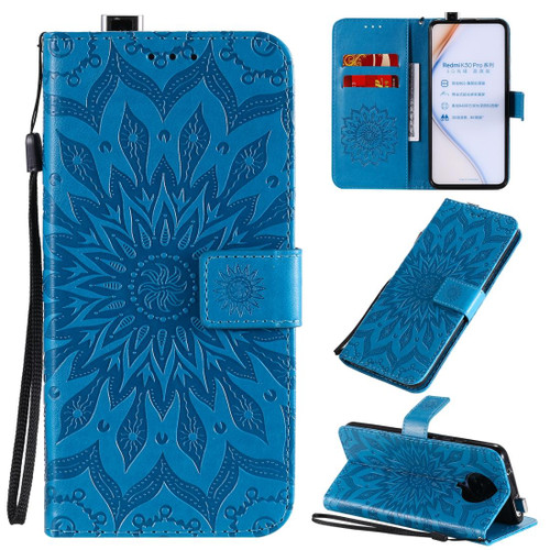 For Xiaomi Redmi K30 Pro Embossed Sunflower Pattern Horizontal Flip PU Leather Case with Holder & Card Slots & Wallet & Lanyard(Blue)