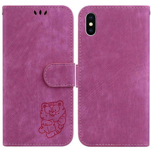 For iPhone XS Max Little Tiger Embossed Leather Phone Case(Rose Red)