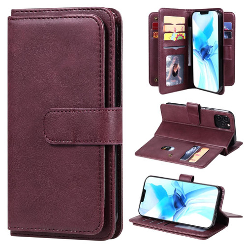 For iPhone 12 / 12 Pro Multifunctional Magnetic Copper Buckle Horizontal Flip Solid Color Leather Case with 10 Card Slots & Wallet & Holder & Photo Frame(Wine Red)