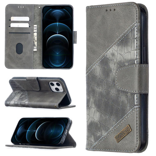 For iPhone 12 Pro Max Matching Color Crocodile Texture Horizontal Flip PU Leather Case with Wallet & Holder & Card Slots(Grey)