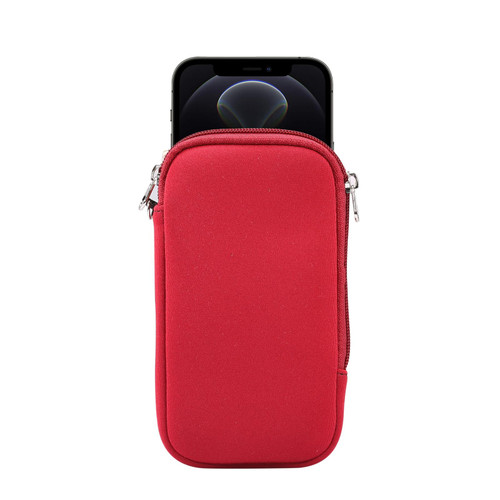 For iPhone 12 / 12 Pro Universal Elasticity Zipper Protective Case Storage Bag with Lanyard / 6.1 inch Smart Phones(Purplish Red)