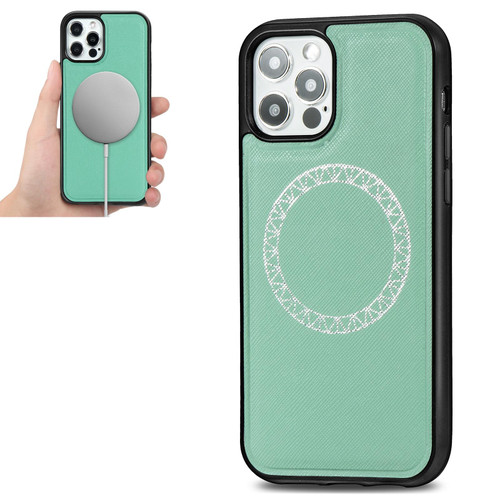 For iPhone 12 Pro Max Cross Texture Embossing Magnetic PU + TPU Protective MagSafe Case(Mint Green)