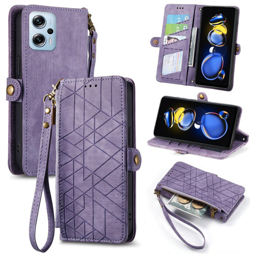 For Xiaomi Redmi Note 11T Pro Geometric Zipper Wallet Side Buckle Leather Phone Case(Purple)