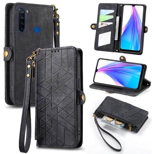 For Xiaomi Redmi Note 8T Geometric Zipper Wallet Side Buckle Leather Phone Case(Black)