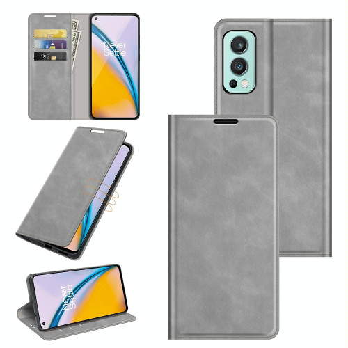 For OnePlus Nord 2 5G Retro-skin Business Magnetic Suction Leather Case with Holder & Card Slots & Wallet(Grey)