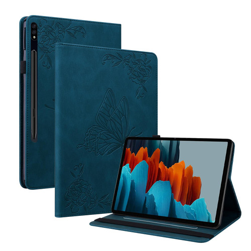 For Samsung Galaxy Tab S7+/S7 FE/S8+ Butterfly Flower Embossed Leather Tablet Case(Blue)
