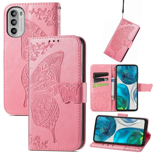 For Motorola Moto G52 Butterfly Love Flower Embossed Flip Leather Phone Case(Pink)