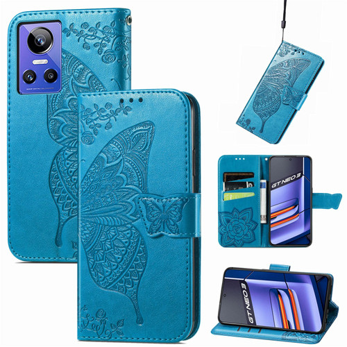 For Realme GT Neo 3 Butterfly Love Flower Embossed Flip Leather Phone Case(Blue)