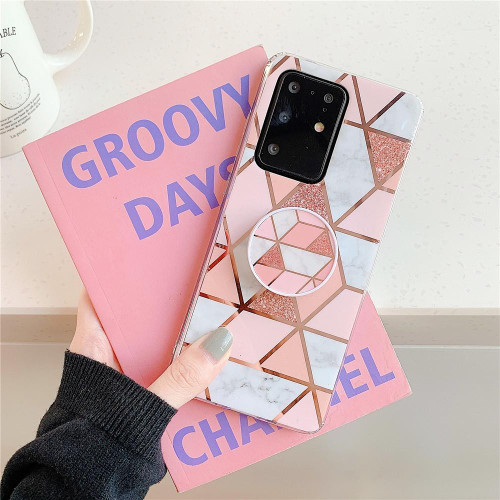 For Galaxy S20  Ultra Plating Colorful Geometric Pattern Mosaic Marble TPU Mobile Phone Case with Folding Bracket(Pink PF1)