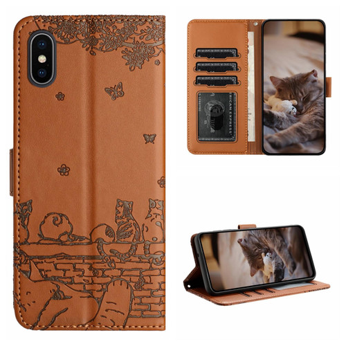 For iPhone X Cat Embossing Pattern Leather Phone Case with Lanyard(Brown)