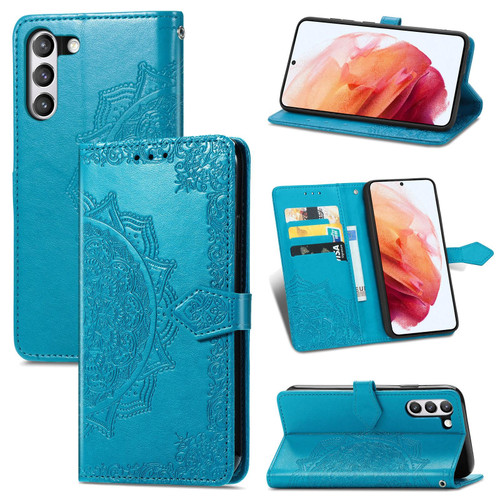 For Samsung Galaxy S21 FE Halfway Mandala Embossing Pattern Horizontal Flip Leather Case with Holder & Card Slots & Wallet & Lanyard(Blue)
