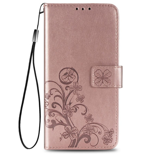 For Huawei Nova 7SE/P40 lite 5G Four-leaf Clasp Embossed Buckle Mobile Phone Protection Leather Case with Lanyard & Card Slot & Wallet & Bracket Function(Rose Gold)
