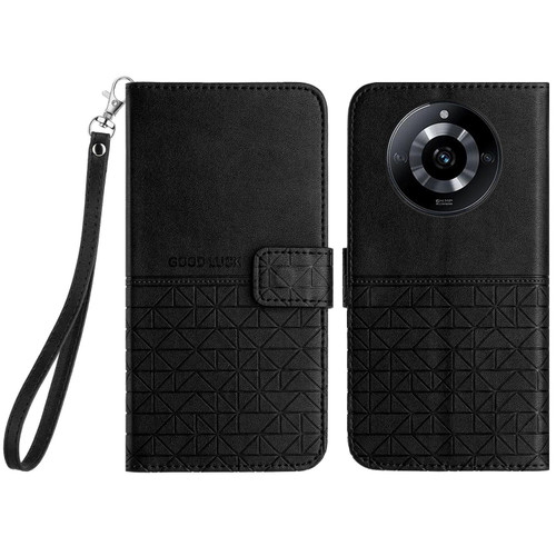 For Realme 11 Rhombic Texture Leather Phone Case with Lanyard(Black)