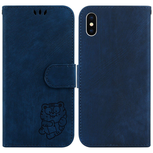 For iPhone XS Max Little Tiger Embossed Leather Phone Case(Dark Blue)