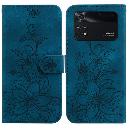 For Xiaomi Poco M4 Pro Lily Embossed Leather Phone Case(Dark Blue)