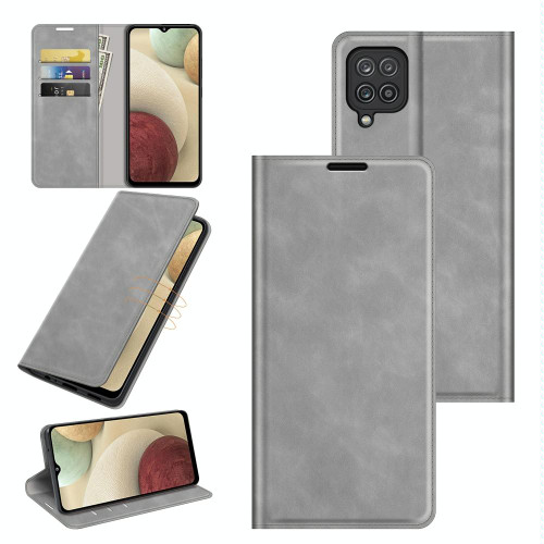 For Samsung Galaxy F12 / M12 Retro-skin Business Magnetic Suction Leather Case with Holder & Card Slots & Wallet(Grey)