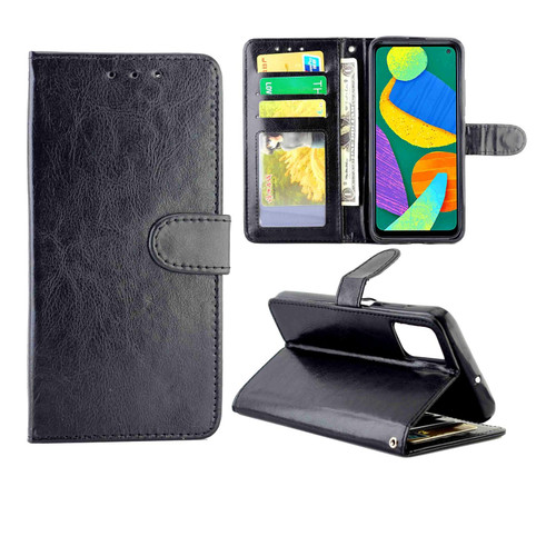 For Samsung Galaxy F52 5G Crazy Horse Texture Leather Horizontal Flip Protective Case with Holder & Card Slots & Wallet & Photo Frame(Black)