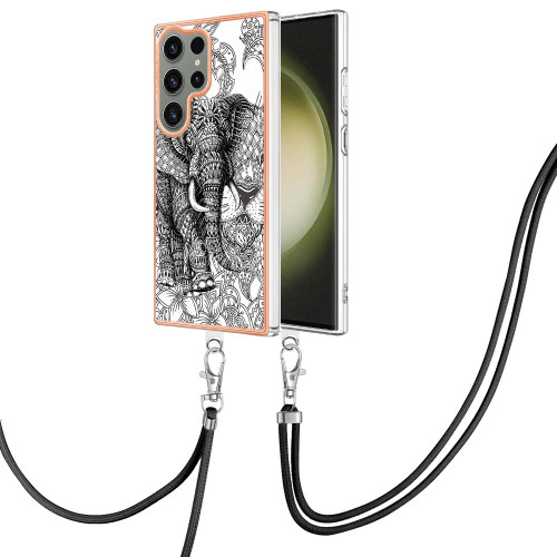 For Samsung Galaxy S23 Ultra 5G Electroplating Dual-side IMD Phone Case with Lanyard(Totem Elephant)