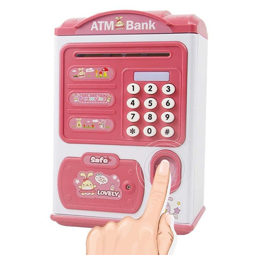 Simulation Password Fingerprint Sensor Unlocking Money Box Automatic Roll Money Safe ATM Piggy Bank(Pink)